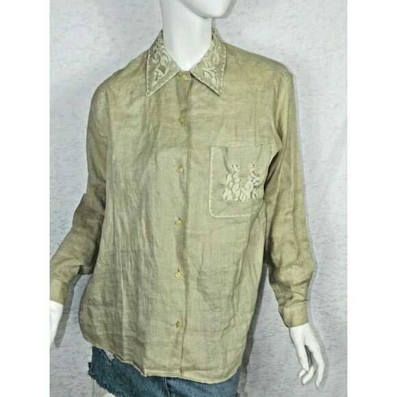 Bellows Brut Le Garage Blouse Vintage Beige‎ Linen Lace Paris France Medium - Picture 1 of 9